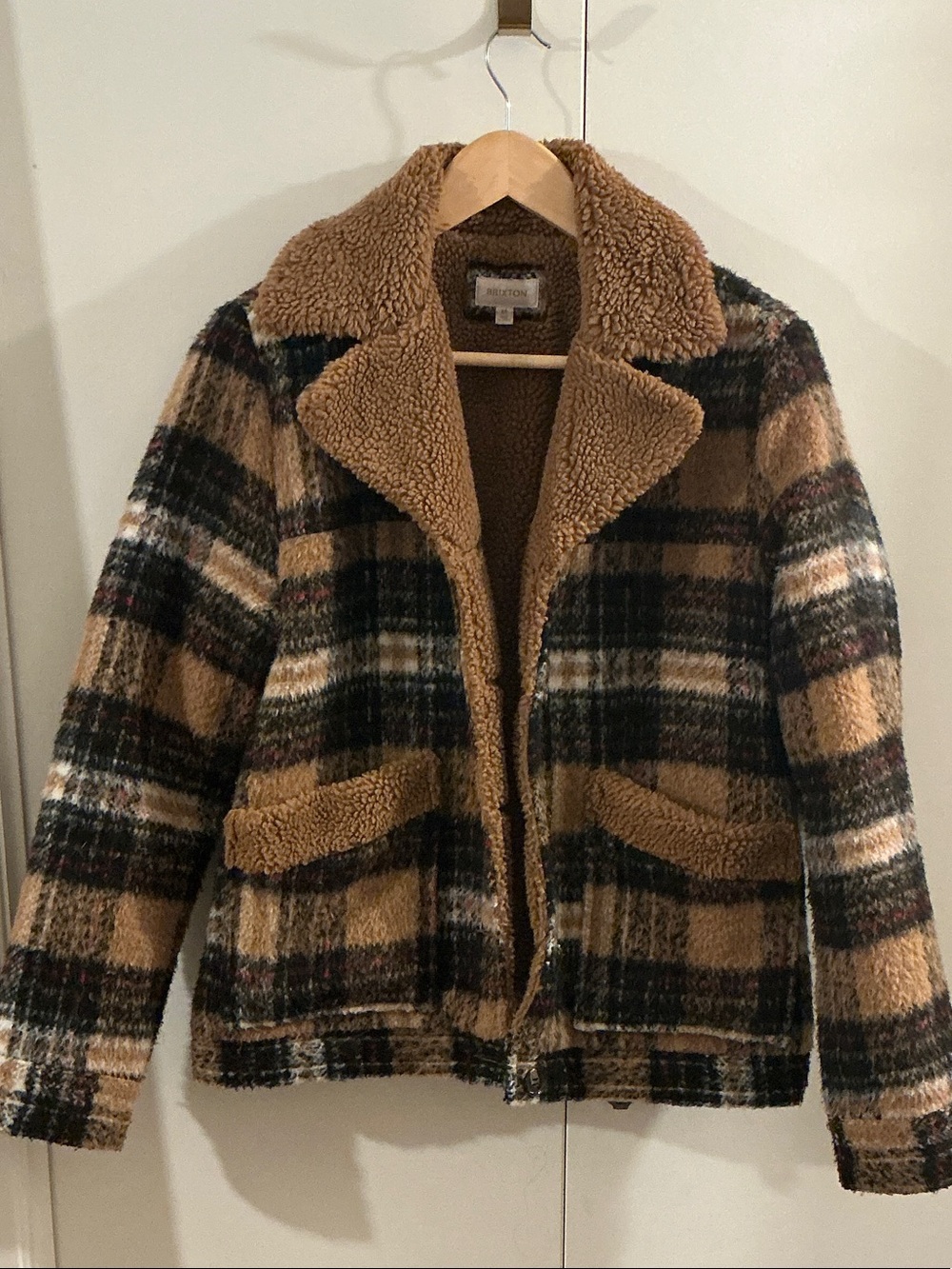 Brixton Plaid Teddy Jacket in Brown and Black Size M